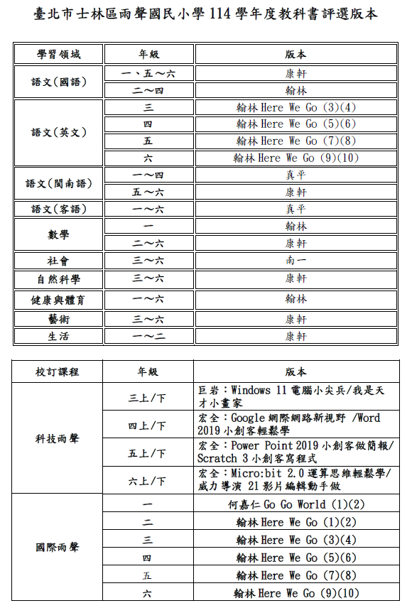 雨聲國小114學年度教科書版本